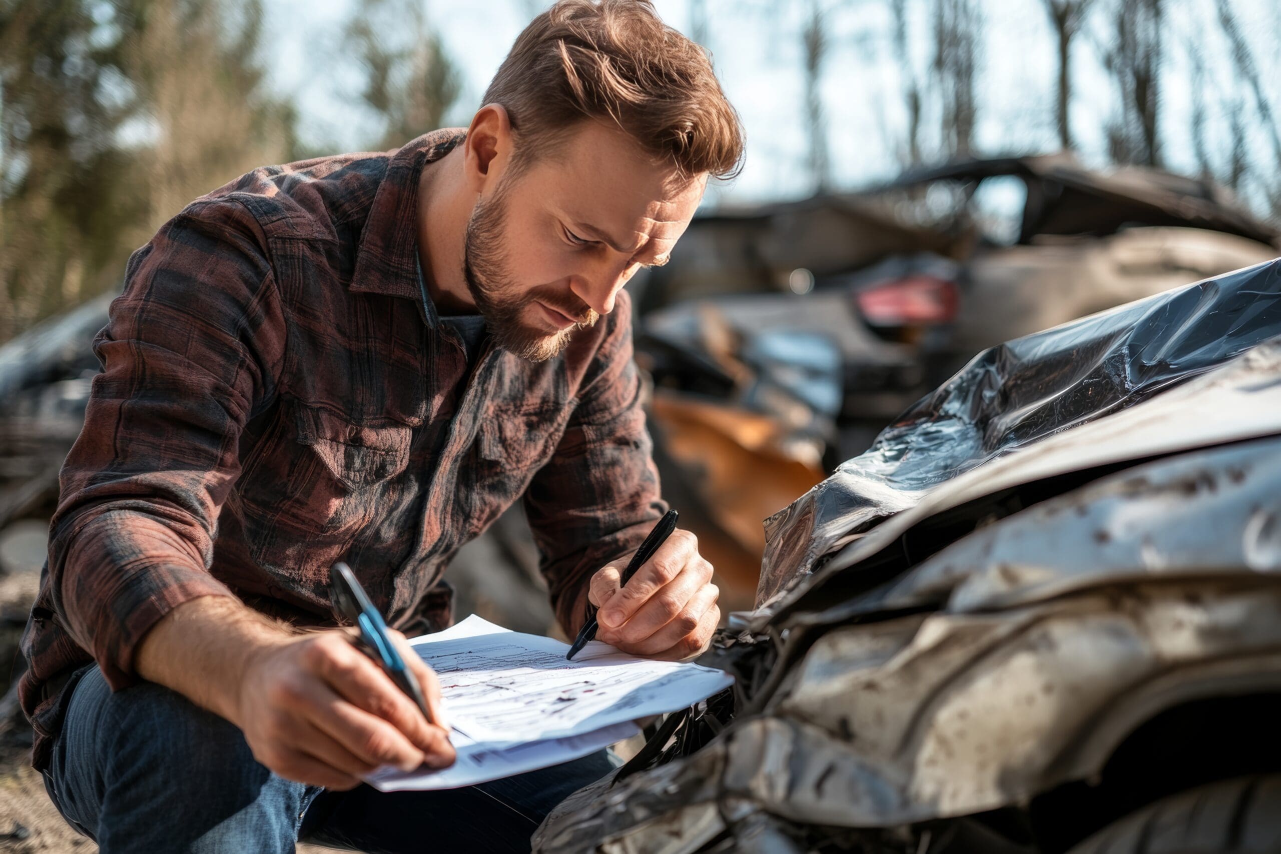 Man completes car insurance claim after accident, discussing coverage and deductible with adjuster Insurance Claims